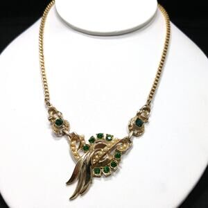 Vintage 1940s Green Rhinestone Pendant Necklace, Gold Plated Box Chain